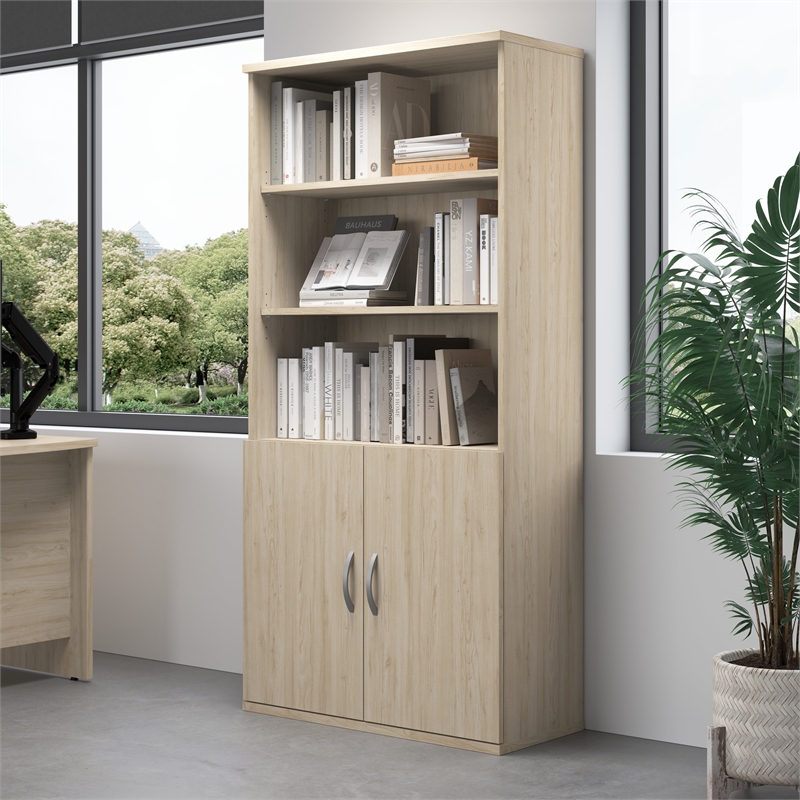 Studio C Tall 5 Shelf Bookcase with Doors in Natural Elm - Engineered Wood