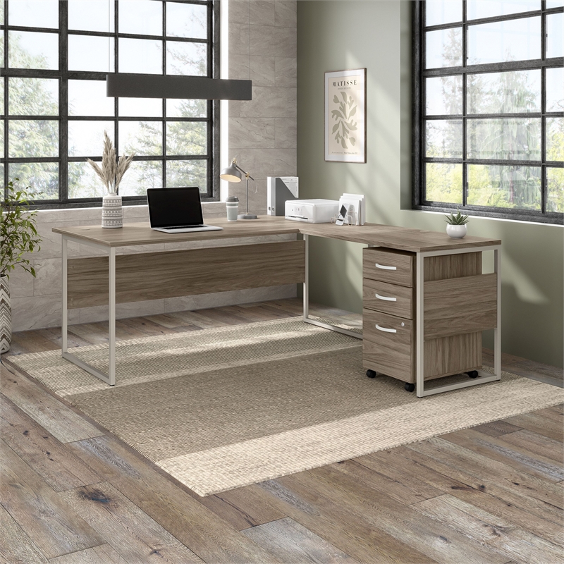 Hybrid 72W L Shaped Table Desk with Drawers in Modern Hickory - Engineered Wood