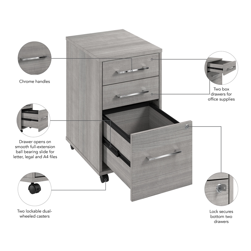 Hustle 3 Drawer Mobile File Cabinet in Platinum Gray - Engineered Wood