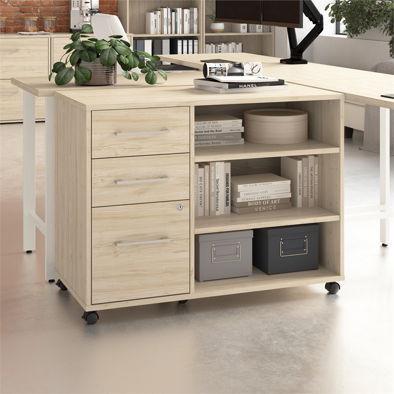 Hustle Office Storage Cabinet with Wheels in Natural Elm - Engineered Wood