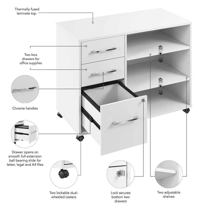 Hustle Office Storage Cabinet with Wheels in White - Engineered Wood