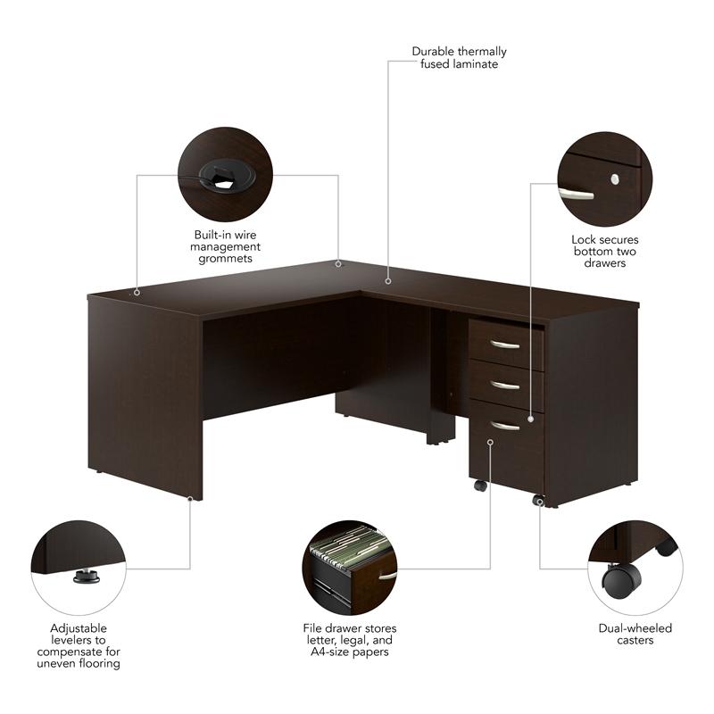 Series C 60W L Shaped Desk with Mobile File Cabinet in Mocha Cherry