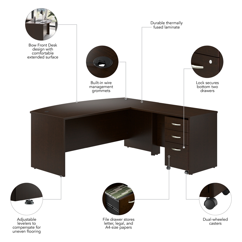 Series C 72W Bow Front L Shaped Desk with Mobile File Cabinet in Mocha Cherry