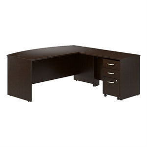 Series C 72W Bow Front L Shaped Desk with Mobile File Cabinet in Mocha Cherry