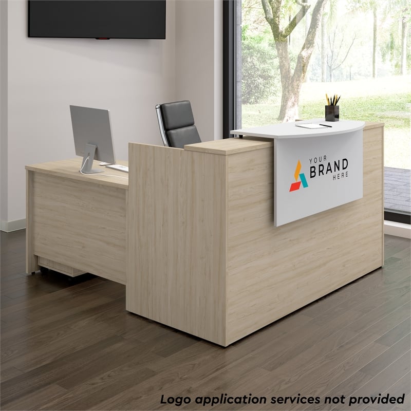Arrive 72W x 72D L Reception Desk with Drawers in Natural Elm - Engineered Wood