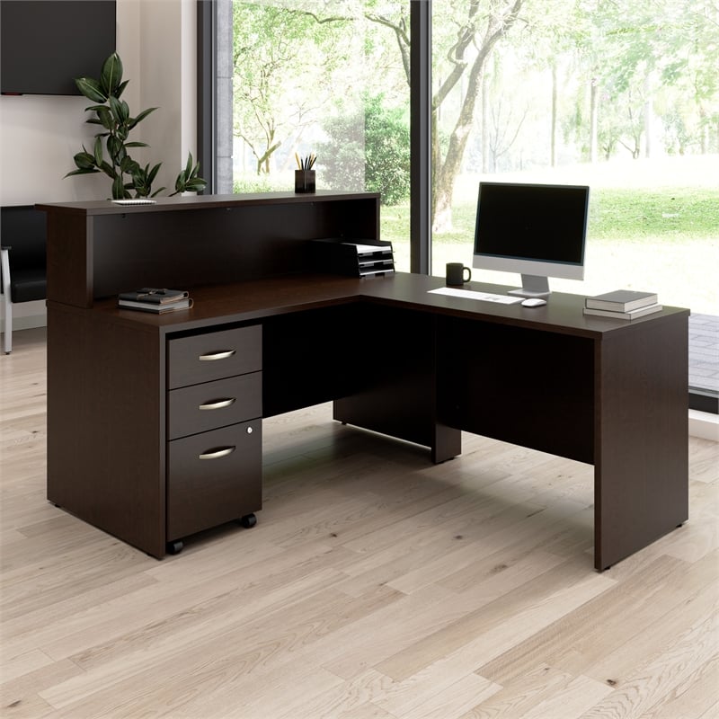 Arrive 60W x 72D L Reception Desk with Drawers in Mocha Cherry - Engineered Wood