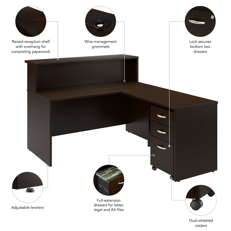 Arrive 60W x 72D L Reception Desk with Drawers in Mocha Cherry - Engineered Wood