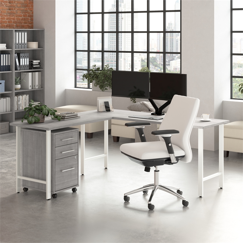 Hustle 72W x 24D L Shaped Desk with Drawers in Platinum Gray - Engineered Wood