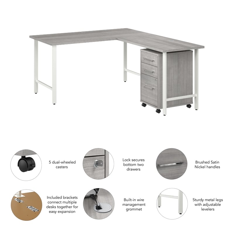 Hustle 60W x 30D L Shaped Desk with Drawers in Platinum Gray - Engineered Wood