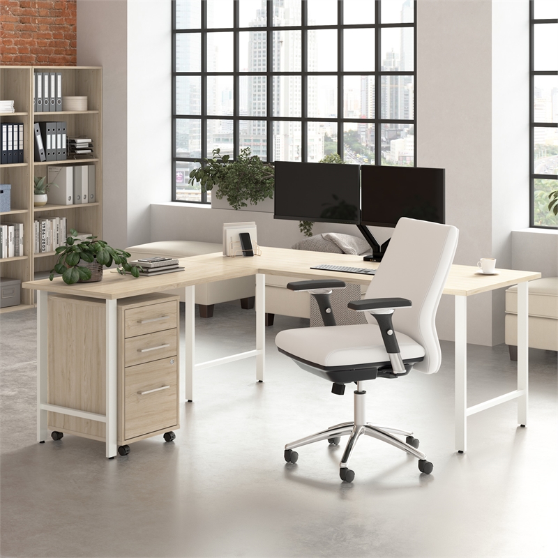 Hustle 72W x 30D L Shaped Desk with Drawers in Natural Elm - Engineered Wood