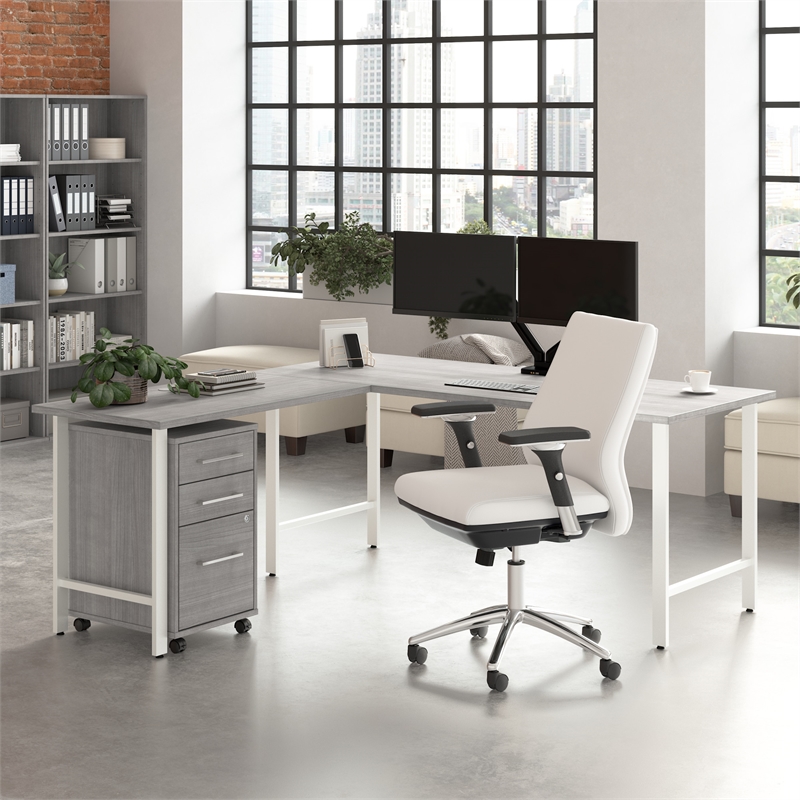 Hustle 72W x 30D L Shaped Desk with Drawers in Platinum Gray - Engineered Wood