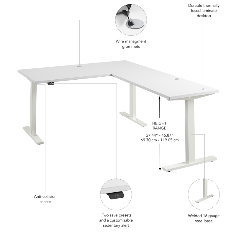 Move 60 Series 60W L Shaped Standing Desk in White - Engineered Wood
