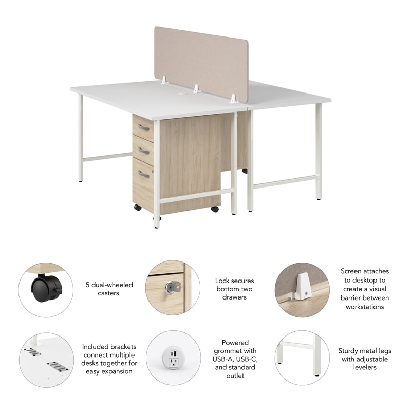 Hustle 2 Person Computer Desk with Drawers in White/Elm - Engineered Wood