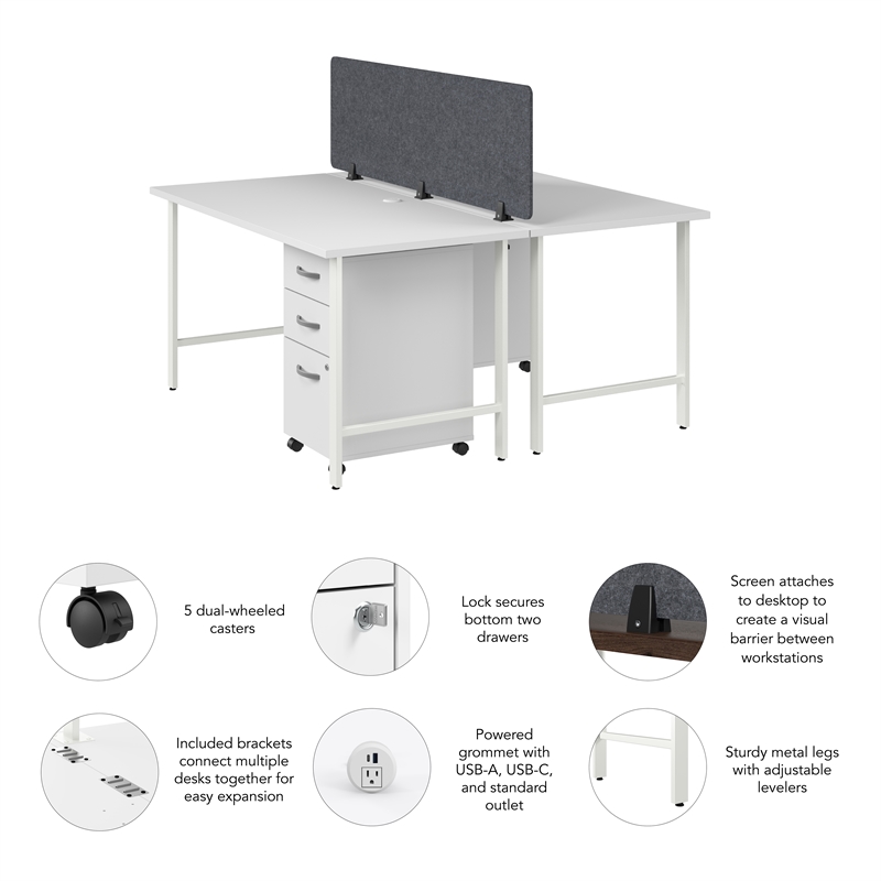 Hustle 2 Person Computer Desk with Drawers in White - Engineered Wood