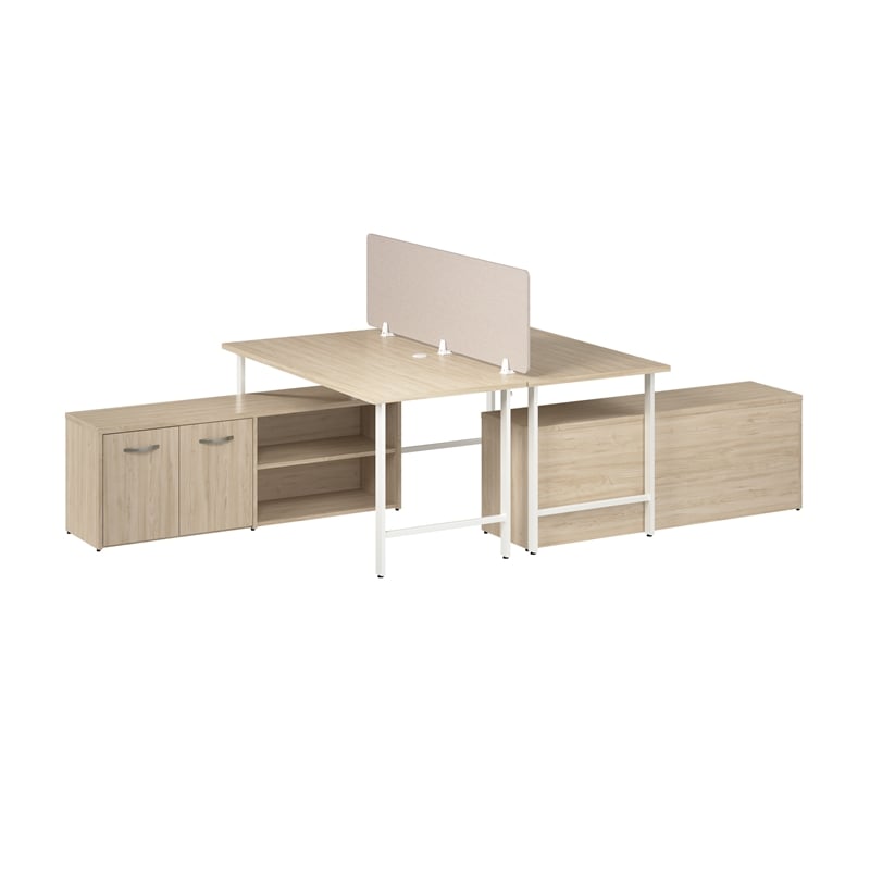 Hustle 2 Person Desk with Low Storage Cabinet in Natural Elm - Engineered Wood