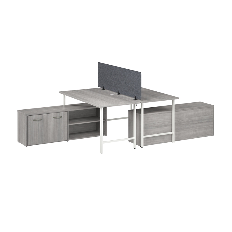 Hustle 2 Person Desk with Low Storage Cabinet in Platinum Gray - Engineered Wood