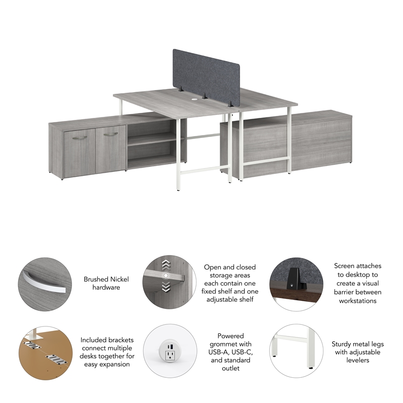 Hustle 2 Person Desk with Low Storage Cabinet in Platinum Gray - Engineered Wood