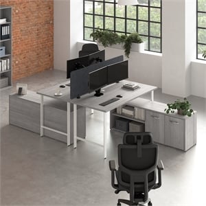 Hustle 2 Person Desk with Low Storage Cabinet in Platinum Gray - Engineered Wood