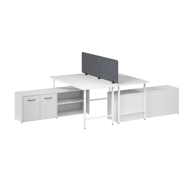 Hustle 2 Person Desk with Low Storage Cabinet in White - Engineered Wood