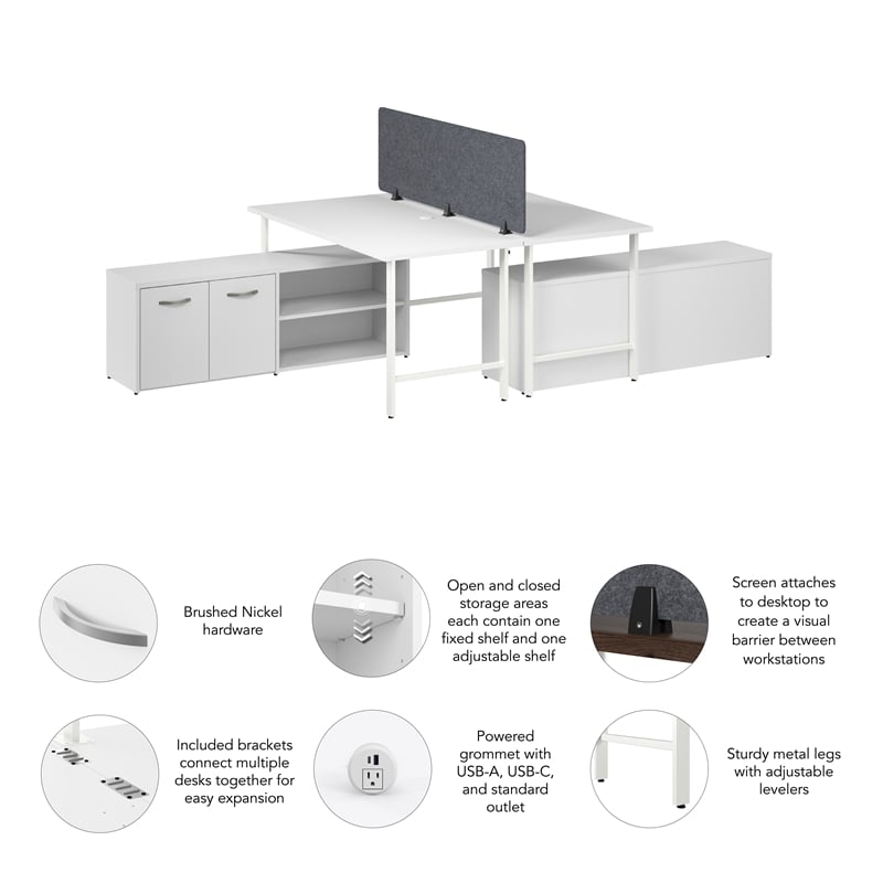 Hustle 2 Person Desk with Low Storage Cabinet in White - Engineered Wood