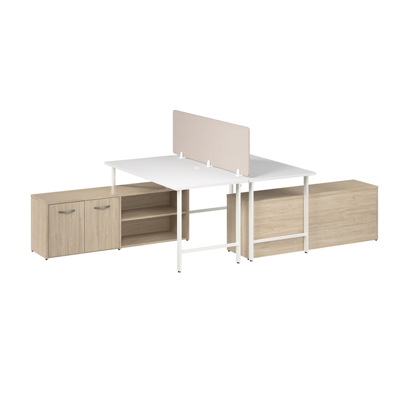 Hustle 2 Person Desk with Low Storage Cabinet in White/Elm - Engineered Wood