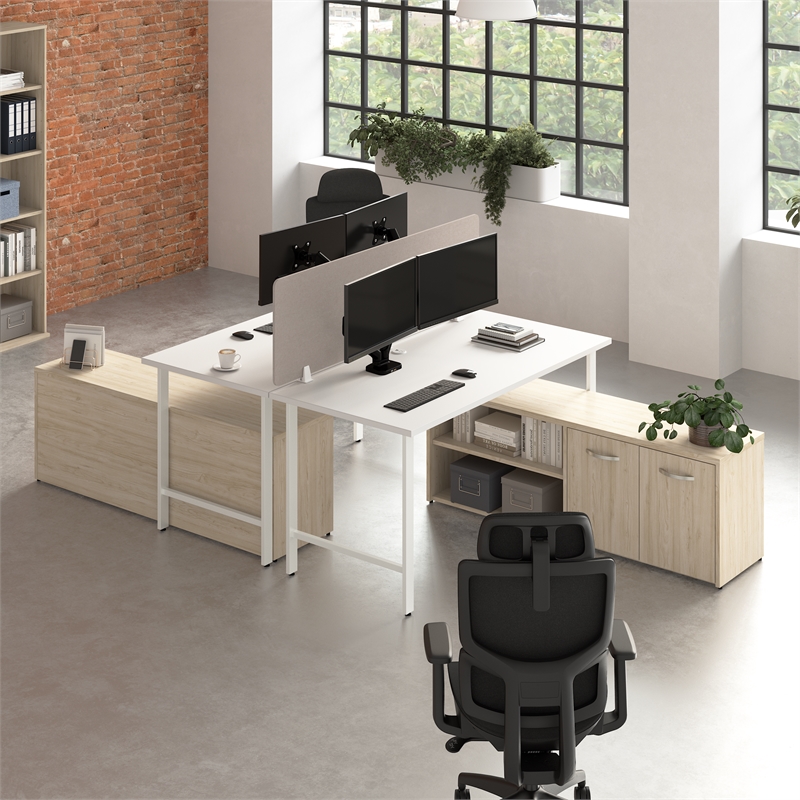 Hustle 2 Person Desk with Low Storage Cabinet in White/Elm - Engineered Wood