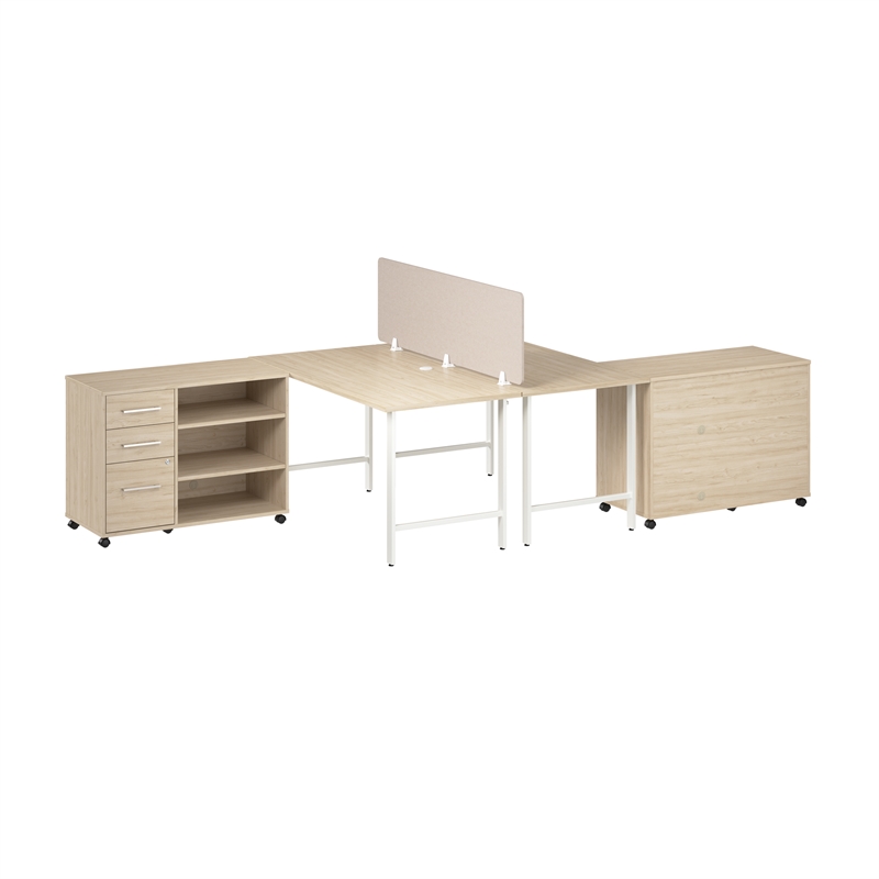 Hustle 2 Person Desk with Mobile Storage in Natural Elm - Engineered Wood