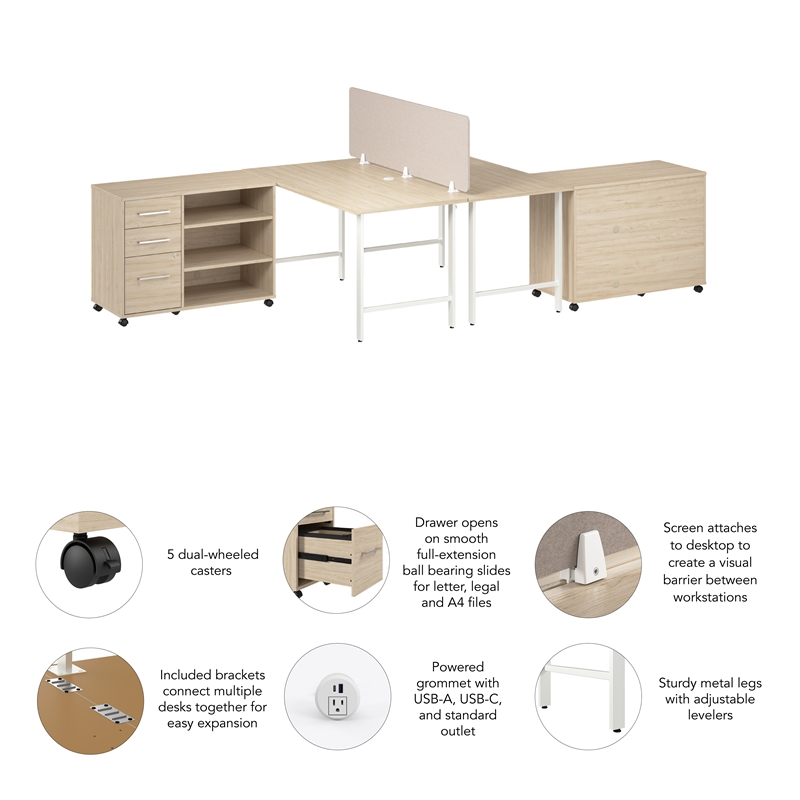 Hustle 2 Person Desk with Mobile Storage in Natural Elm - Engineered Wood