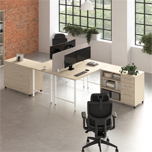 Hustle 2 Person Desk with Mobile Storage in Natural Elm - Engineered Wood