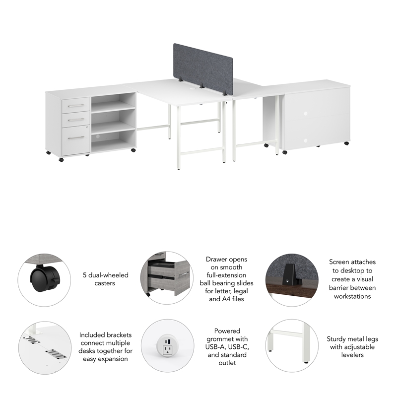 Hustle 2 Person Desk with Mobile Storage in White - Engineered Wood