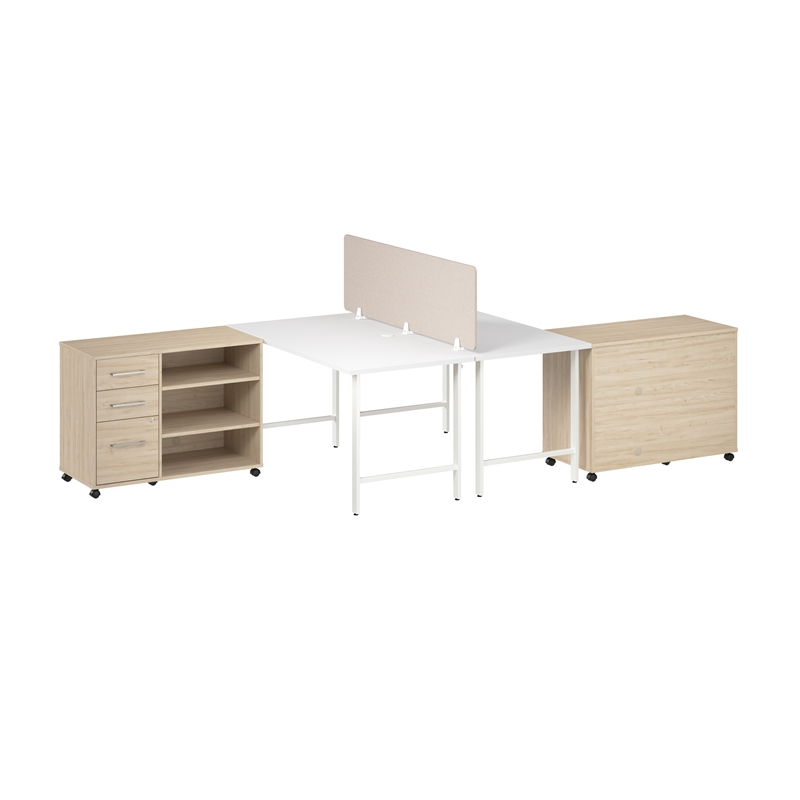 Hustle 2 Person Desk with Mobile Storage in White/Elm - Engineered Wood
