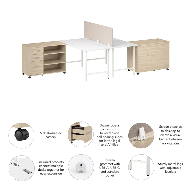 Hustle 2 Person Desk with Mobile Storage in White/Elm - Engineered Wood