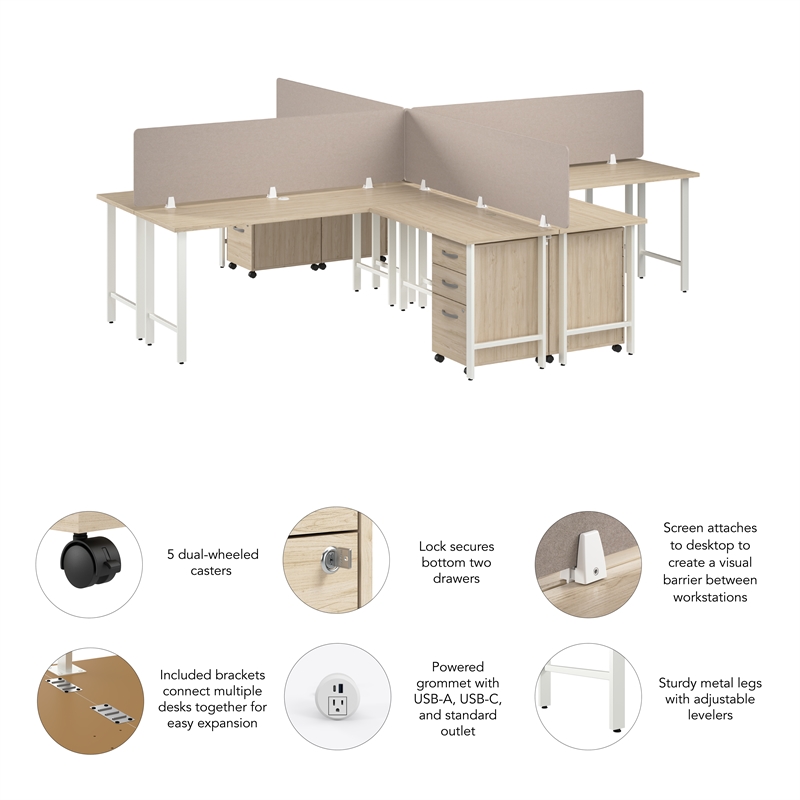 Hustle 4 Person L Shaped Desk with Drawers in Natural Elm - Engineered Wood
