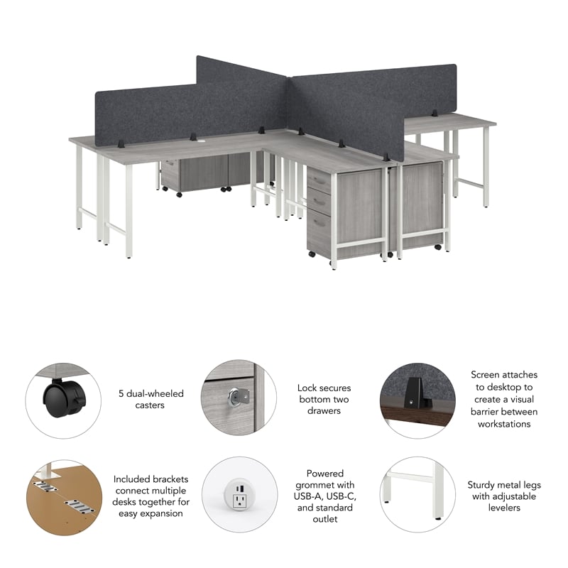 Hustle 4 Person L Shaped Desk with Drawers in Platinum Gray - Engineered Wood