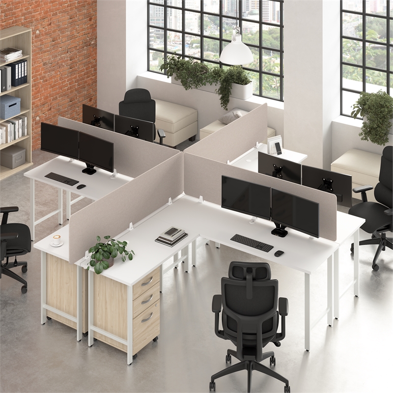 Hustle 4 Person L Shaped Desk with Drawers in White/Elm - Engineered Wood