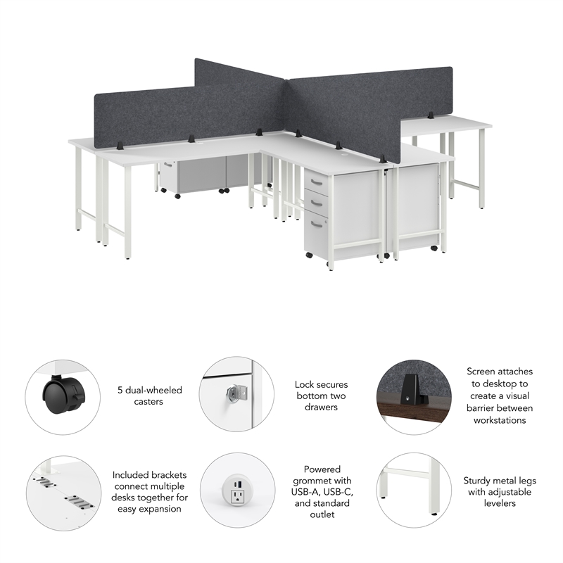 Hustle 4 Person L Shaped Desk with Drawers in White - Engineered Wood