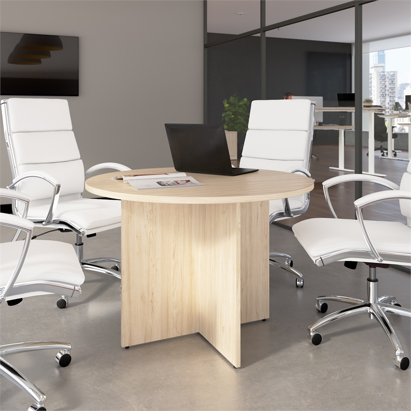 42W Round Conference Table with Wooden Base in Natural Elm - Engineered Wood