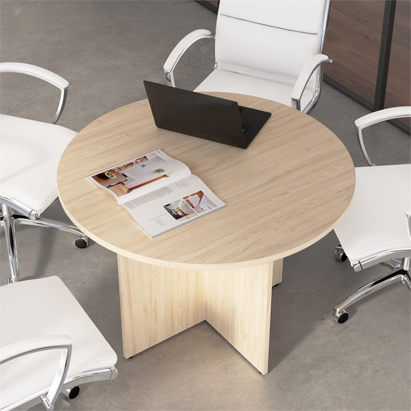 42W Round Conference Table with Wooden Base in Natural Elm - Engineered Wood