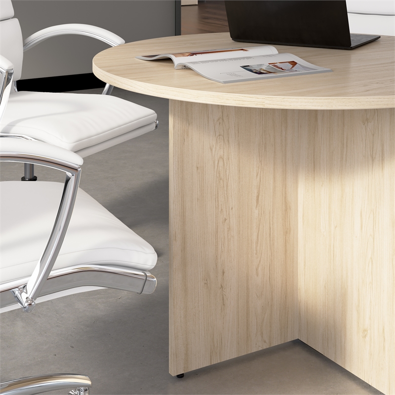 42W Round Conference Table with Wooden Base in Natural Elm - Engineered Wood