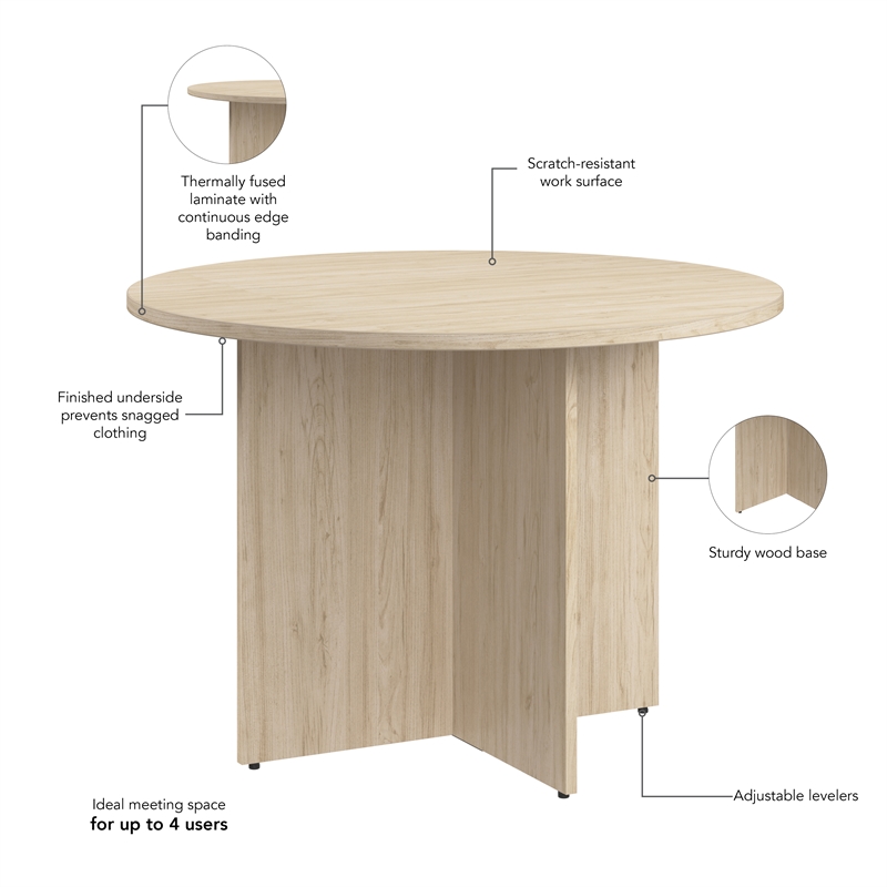 42W Round Conference Table with Wooden Base in Natural Elm - Engineered Wood