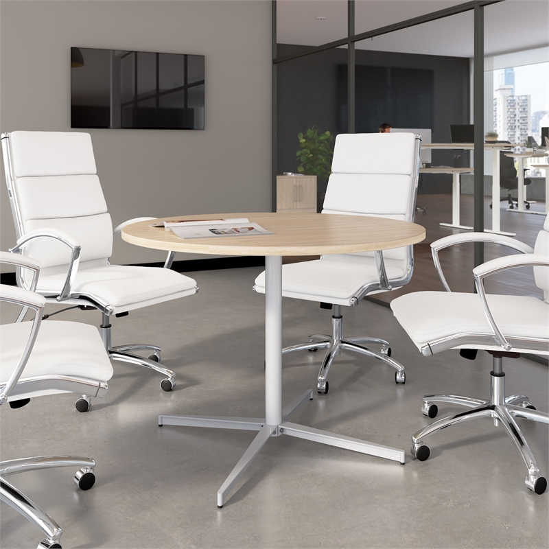 42W Round Conference Table with Metal Base in Natural Elm - Engineered Wood