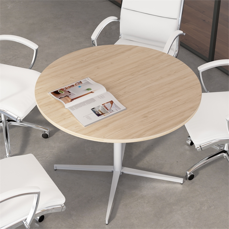42W Round Conference Table with Metal Base in Natural Elm - Engineered Wood