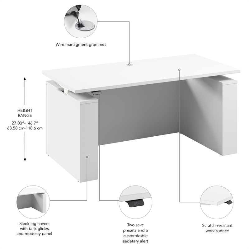 Stratus 60W Standing Desk with Modesty Panel in White - Engineered Wood
