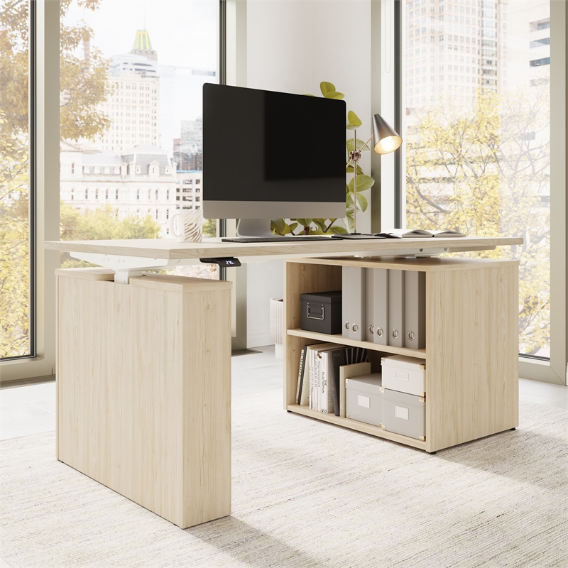 Stratus 60W x 30D Standing Desk with Bookcase in Natural Elm - Engineered Wood