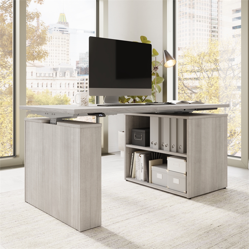 Stratus 60W x 30D Standing Desk with Bookcase in Platinum Gray - Engineered Wood