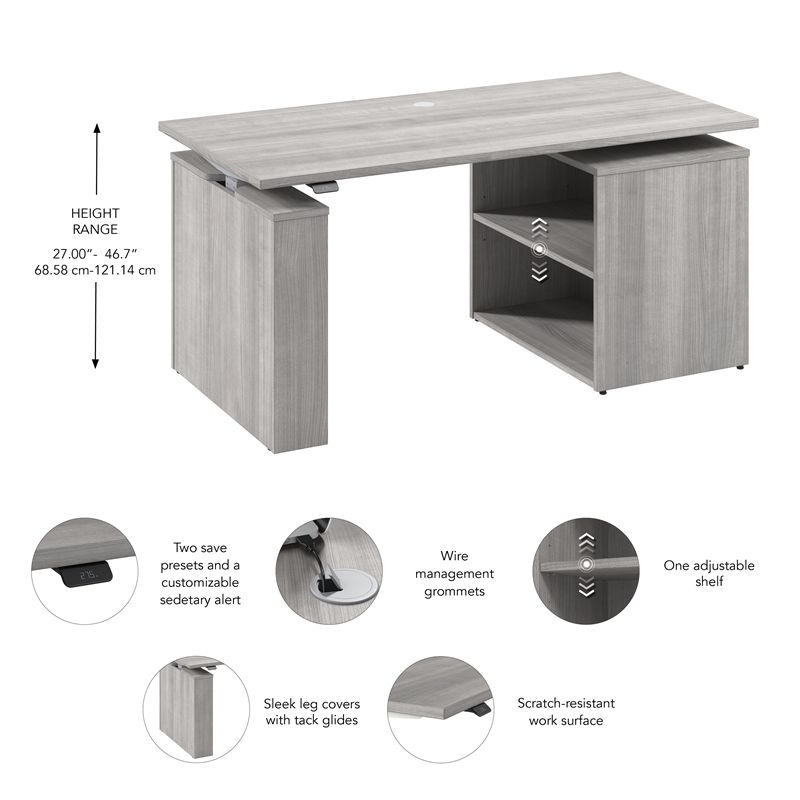 Stratus 60W x 30D Standing Desk with Bookcase in Platinum Gray - Engineered Wood