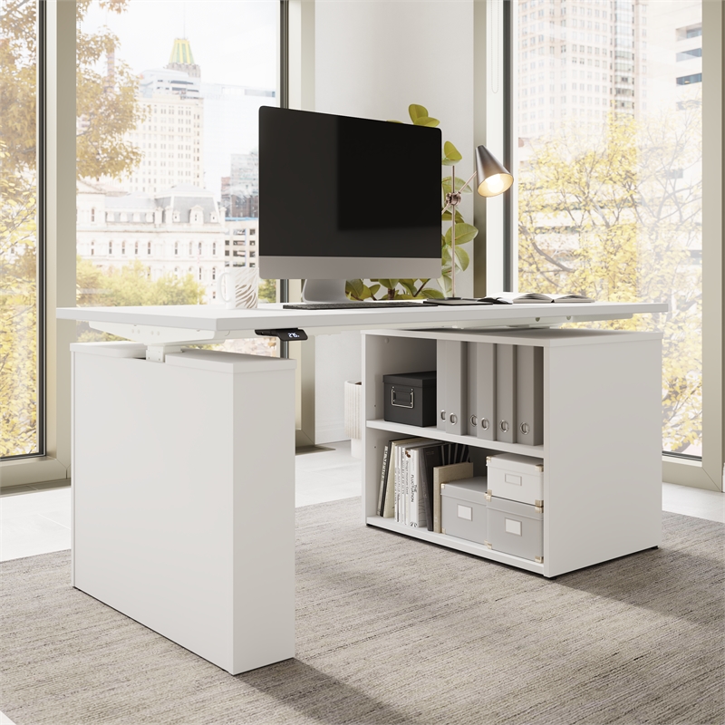 Stratus 60W x 30D Standing Desk with Bookcase in White - Engineered Wood