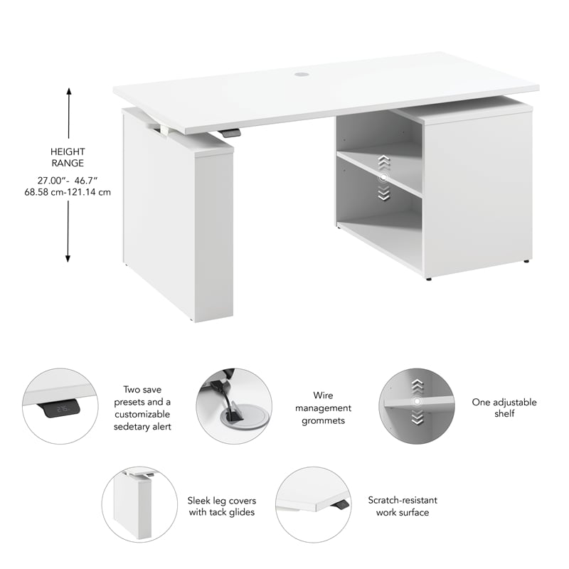Stratus 60W x 30D Standing Desk with Bookcase in White - Engineered Wood