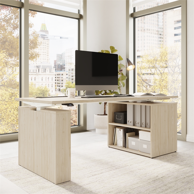 Stratus 72W x 30D Standing Desk with Bookcase in Natural Elm - Engineered Wood