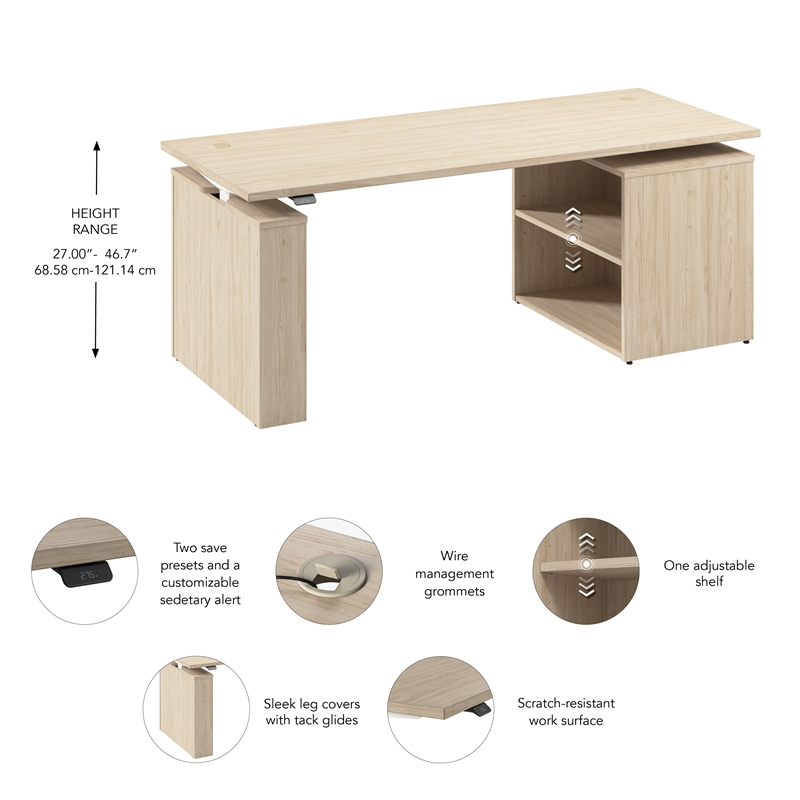 Stratus 72W x 30D Standing Desk with Bookcase in Natural Elm - Engineered Wood